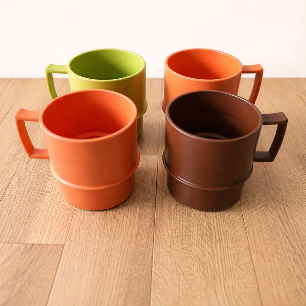 TUPPERWARE | Vintage Stackable Mug Set (Set of 4) – Brown, Orange & Green